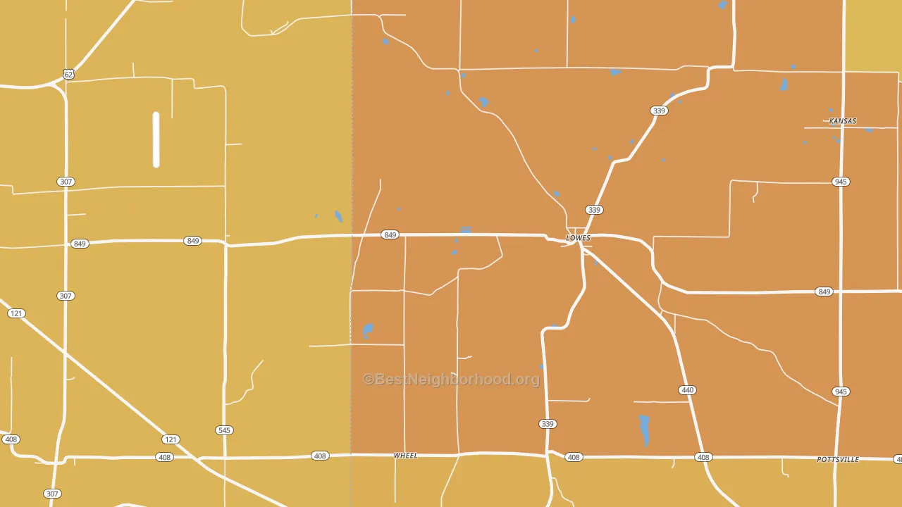 Map of the best neighborhoods in the Lowes area, with better matches in green and worse matches in red