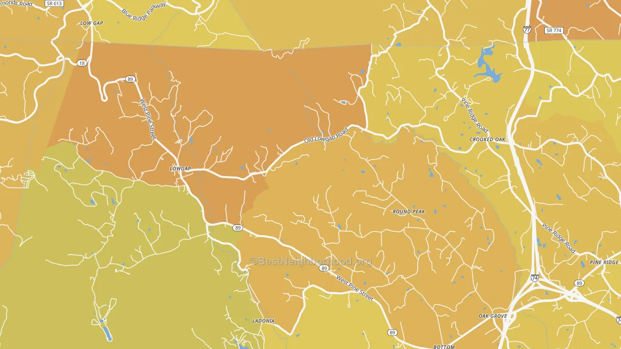 Map of the best neighborhoods in the Lowgap area, with better matches in green and worse matches in red