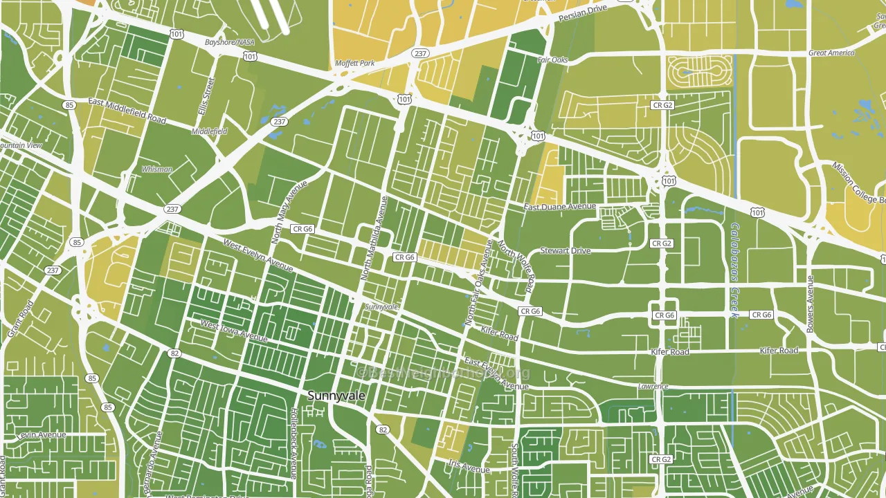 Map of the best neighborhoods in the Lowlanders, Sunnyvale area, with better matches in green and worse matches in red
