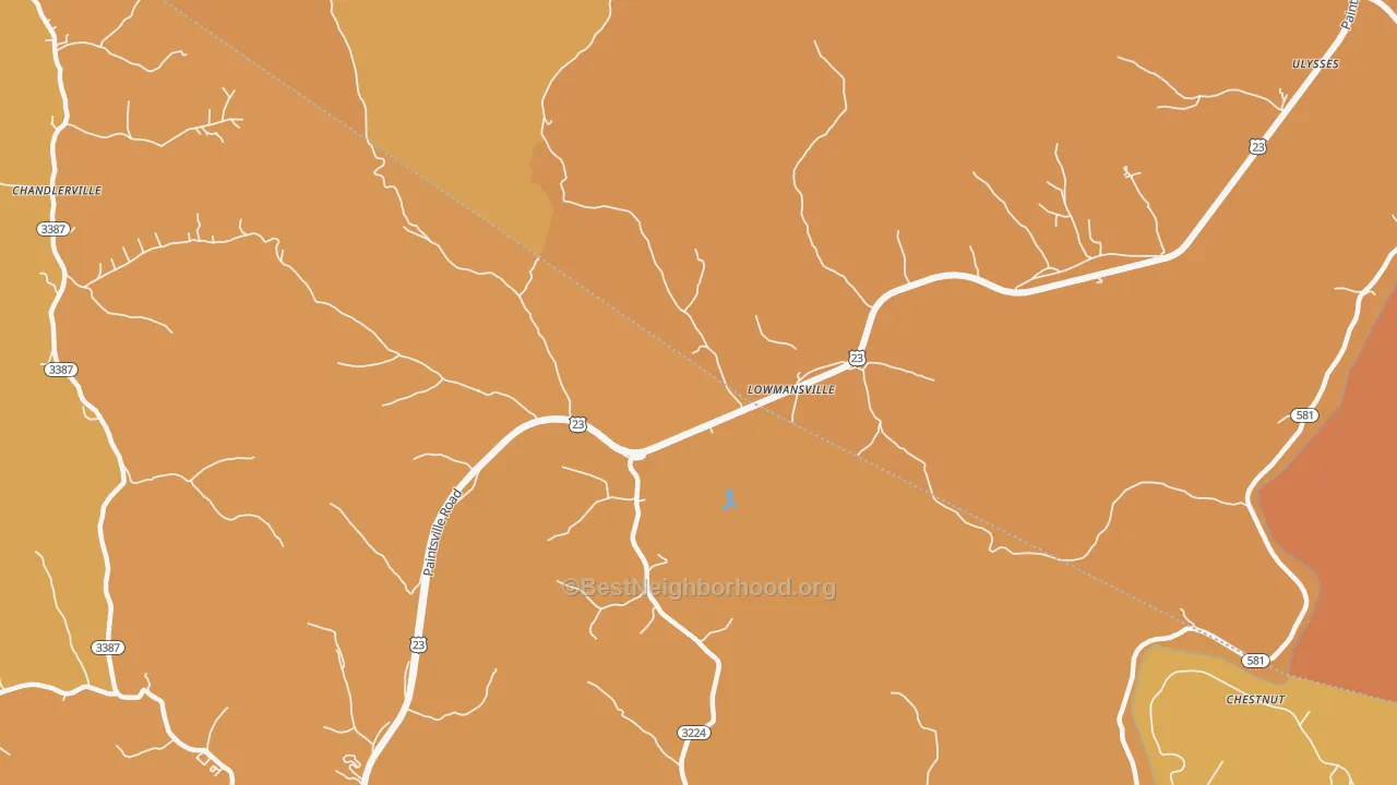 Map of the best neighborhoods in the Lowmansville area, with better matches in green and worse matches in red