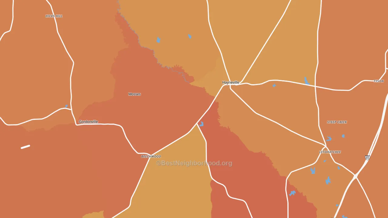 Map of the best neighborhoods in the Lowndes County area, with better matches in green and worse matches in red
