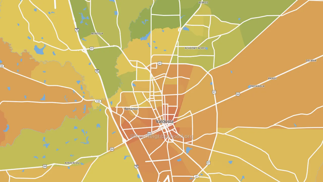 Map of the best neighborhoods in the Lowndes County area, with better matches in green and worse matches in red