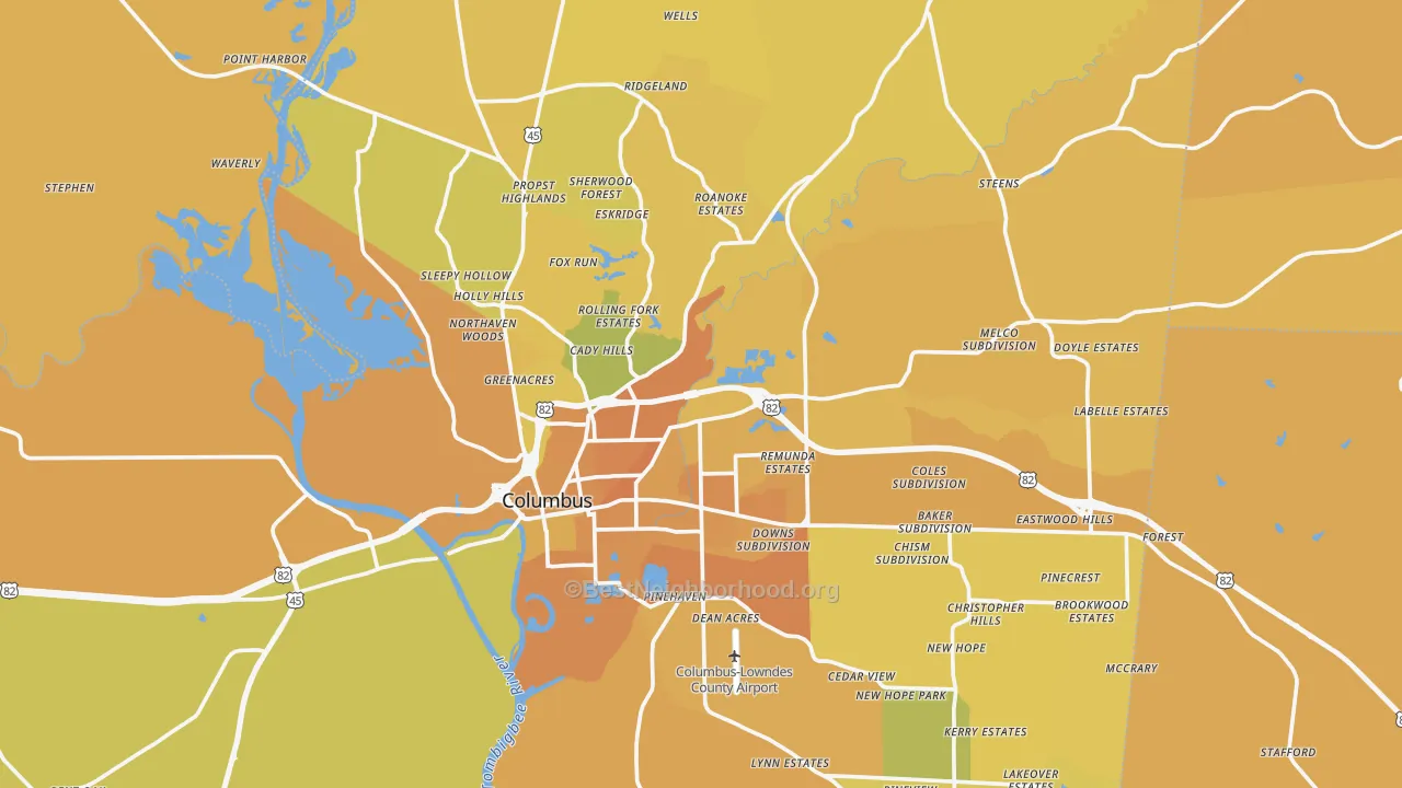 Map of the best neighborhoods in the Lowndes County area, with better matches in green and worse matches in red