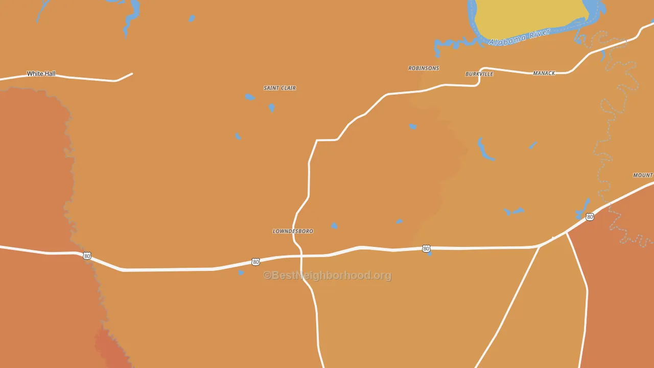 Map of the best neighborhoods in the Lowndesboro area, with better matches in green and worse matches in red