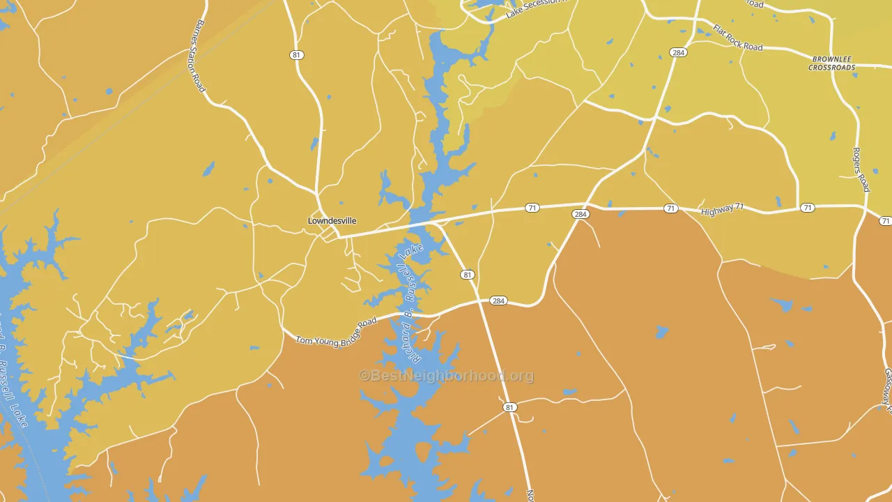Map of the best neighborhoods in the Lowndesville area, with better matches in green and worse matches in red