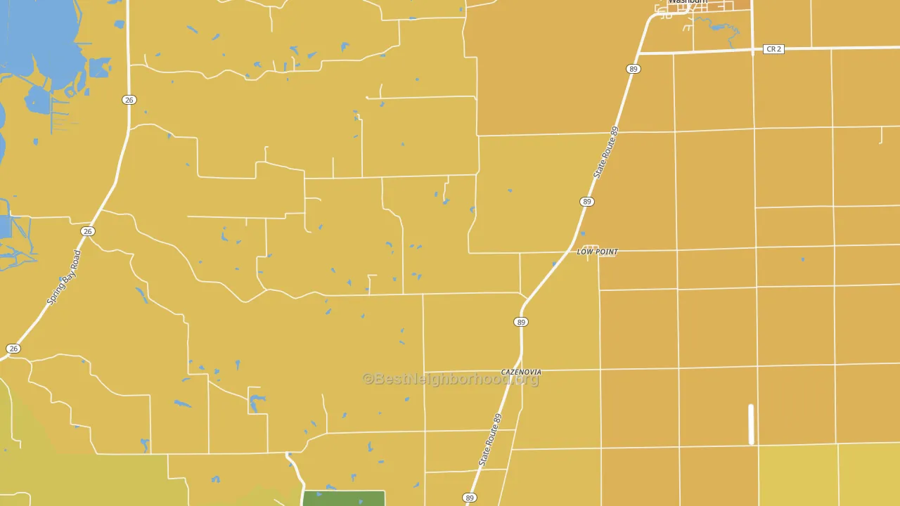 Map of the best neighborhoods in the Lowpoint area, with better matches in green and worse matches in red