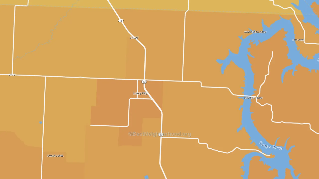 Map of the best neighborhoods in the Lowry City area, with better matches in green and worse matches in red