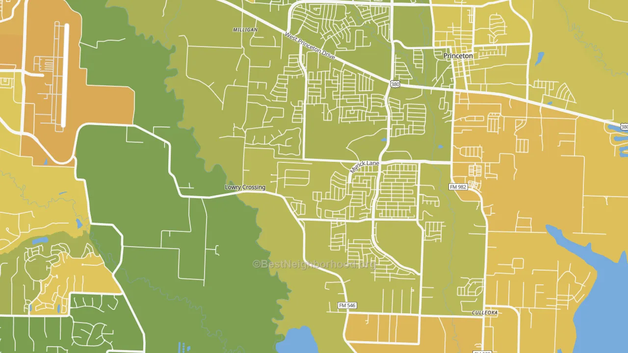 Map of the best neighborhoods in the Lowry Crossing area, with better matches in green and worse matches in red