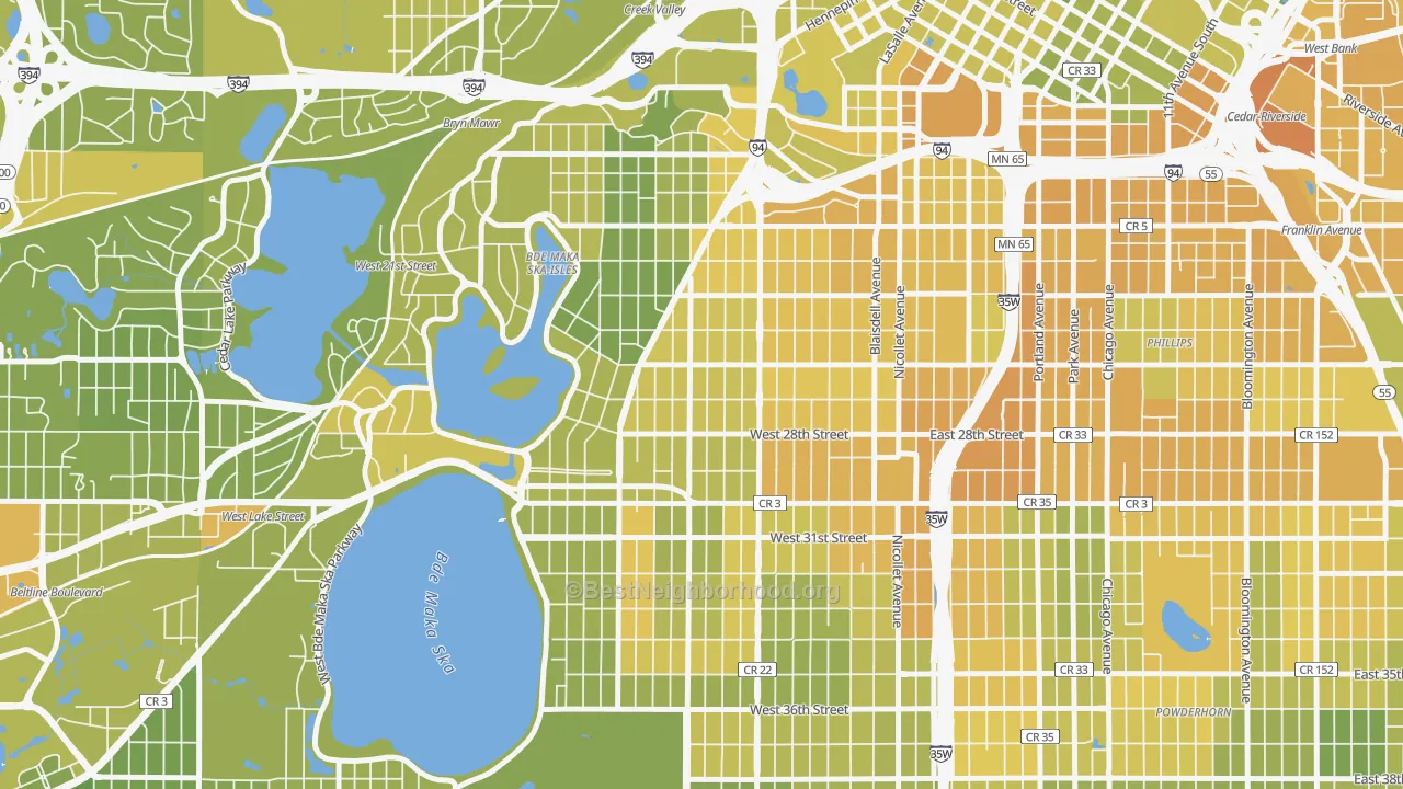 Map of the best neighborhoods in the Lowry Hill East, Minneapolis area, with better matches in green and worse matches in red