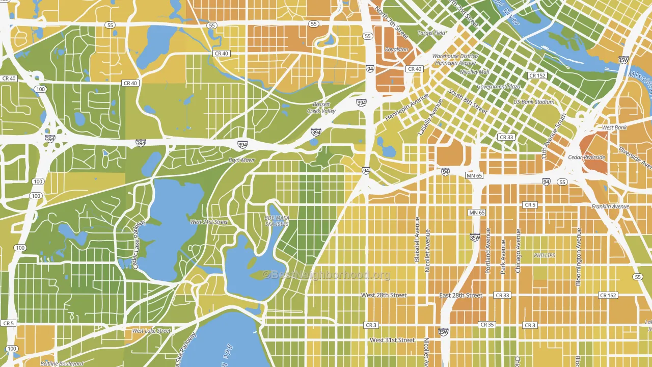 Map of the best neighborhoods in the Lowry Hill, Minneapolis area, with better matches in green and worse matches in red