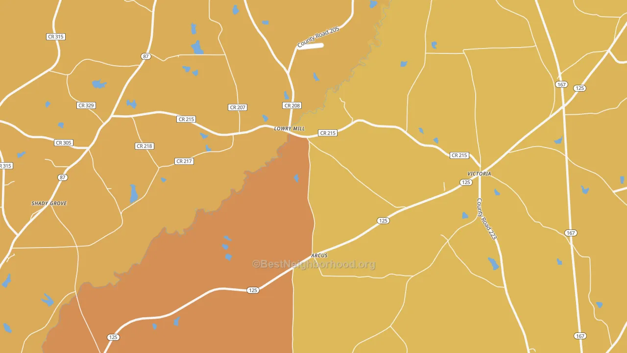 Map of the best neighborhoods in the Lowry Mill area, with better matches in green and worse matches in red