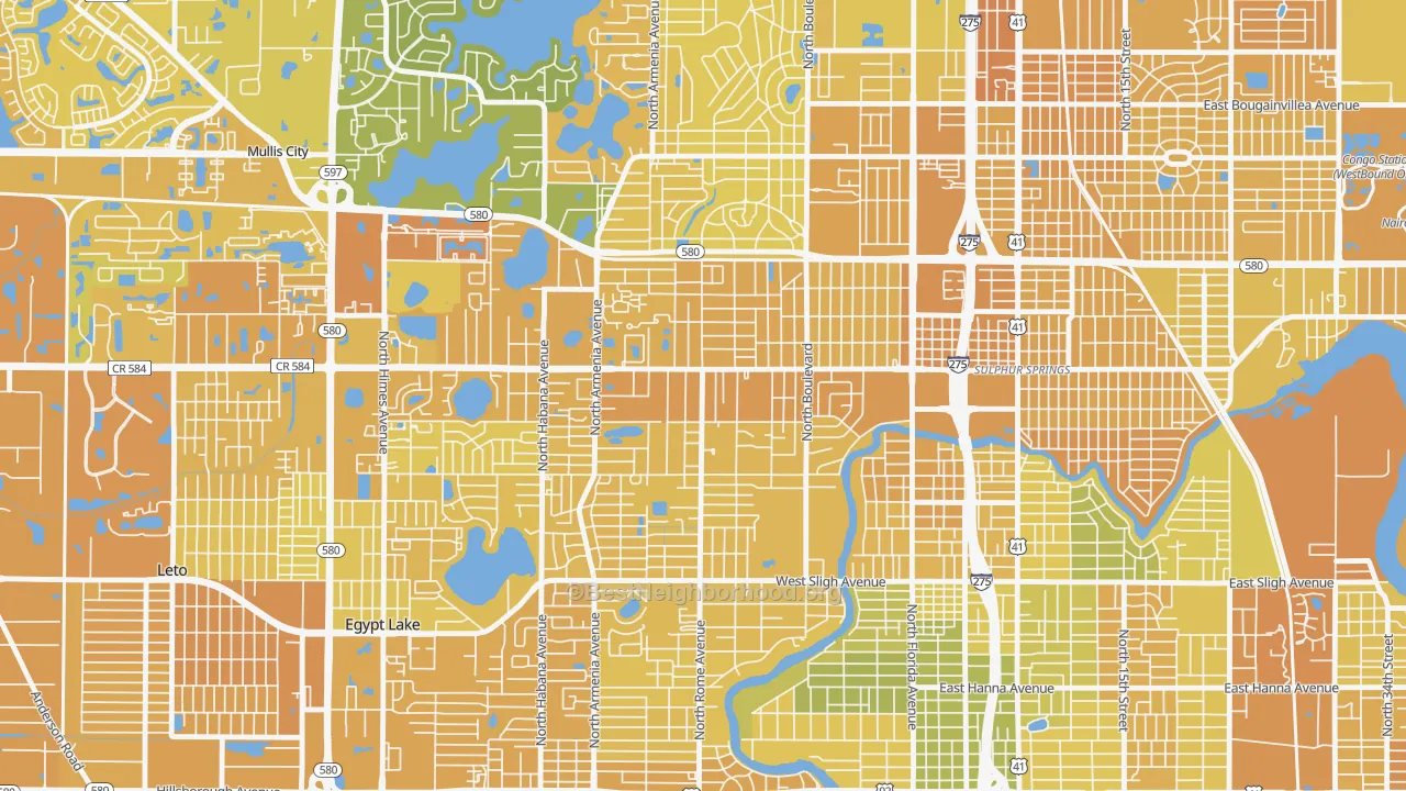 Map of the best neighborhoods in the Lowry Park Central, Tampa area, with better matches in green and worse matches in red