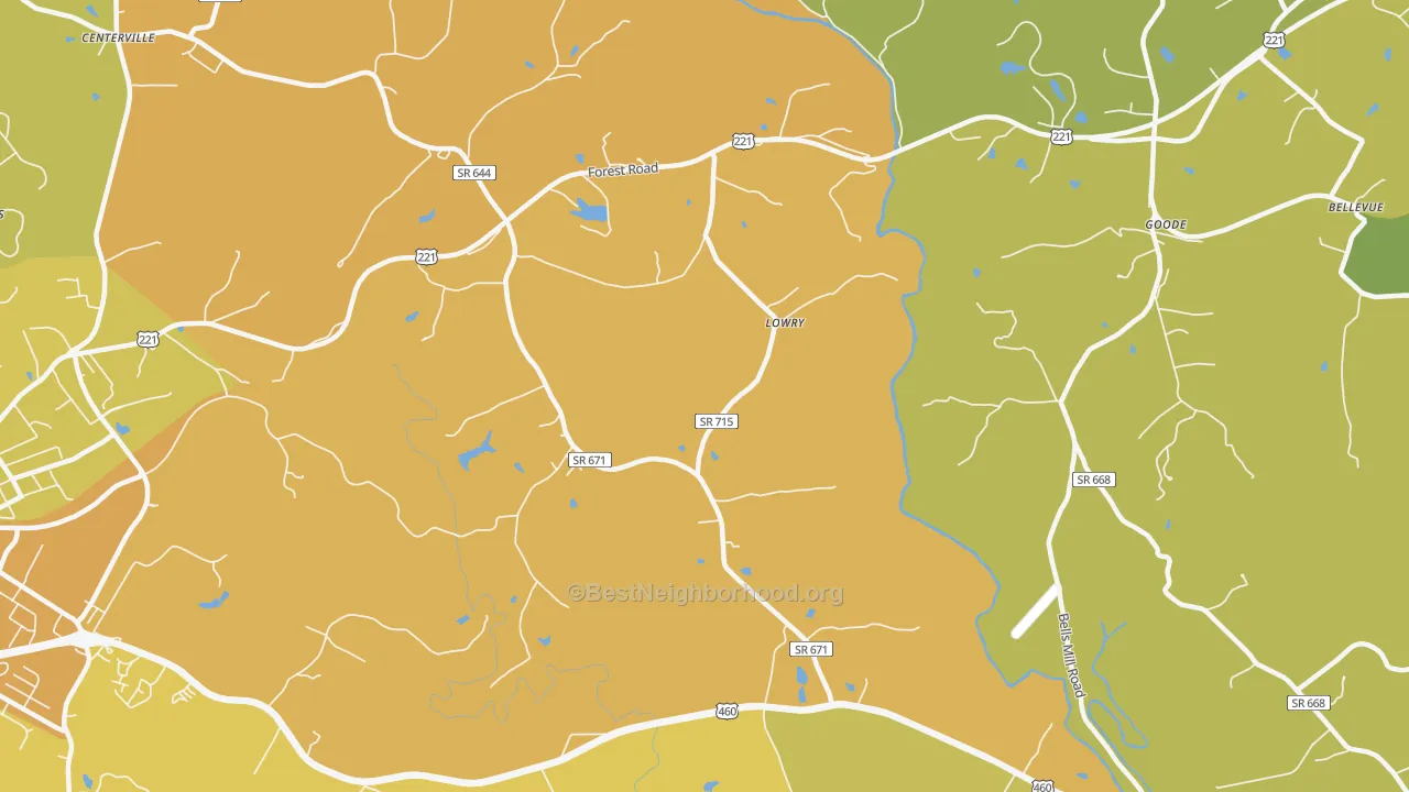 Map of the best neighborhoods in the Lowry area, with better matches in green and worse matches in red