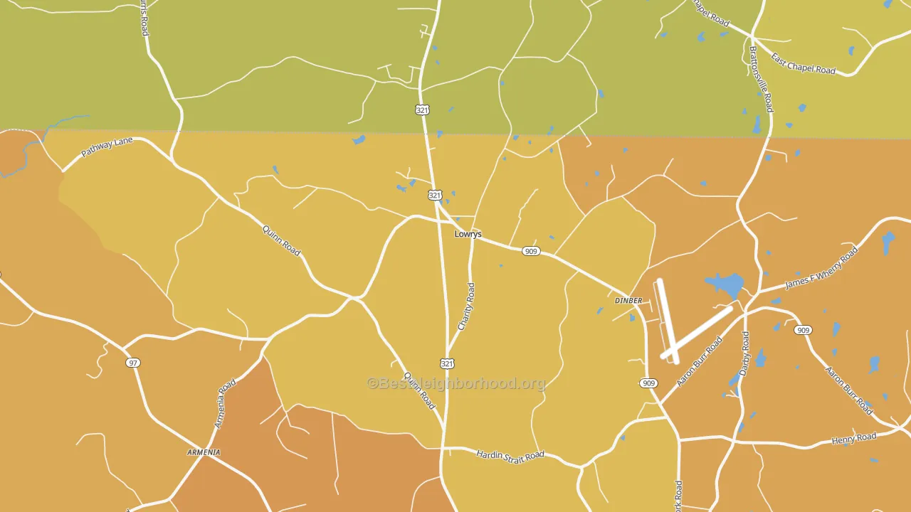 Map of the best neighborhoods in the Lowrys area, with better matches in green and worse matches in red