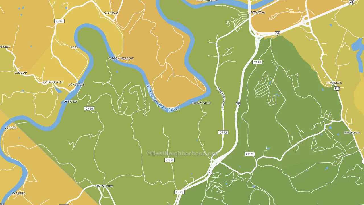 Map of the best neighborhoods in the Lowsville area, with better matches in green and worse matches in red