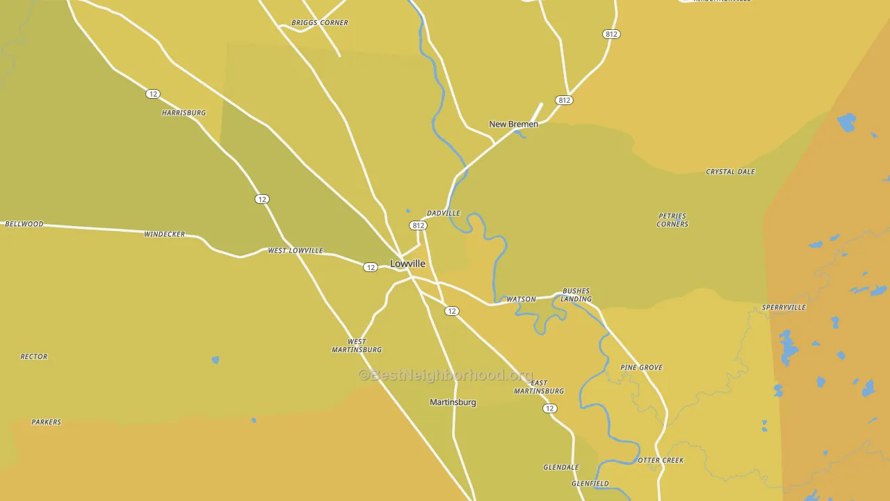 Map of the best neighborhoods in the Lowville area, with better matches in green and worse matches in red