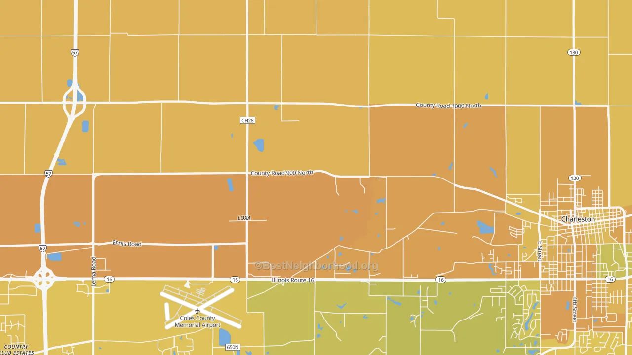 Map of the best neighborhoods in the Loxa area, with better matches in green and worse matches in red