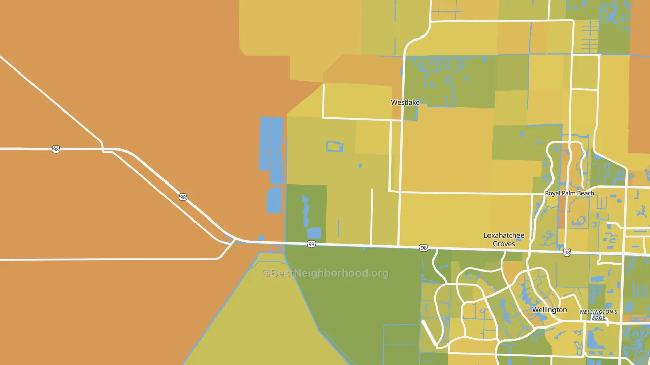 Map of the best neighborhoods in the Loxahatchee area, with better matches in green and worse matches in red