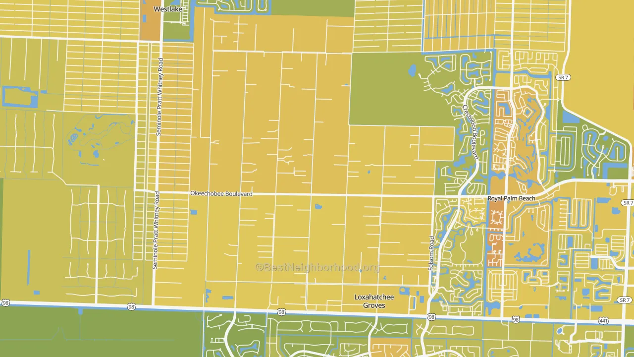 Map of the best neighborhoods in the Loxahatchee Groves area, with better matches in green and worse matches in red