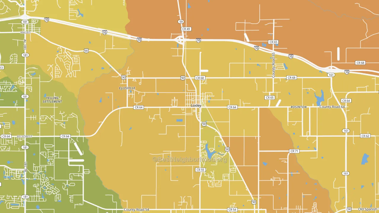 Map of the best neighborhoods in the Loxley area, with better matches in green and worse matches in red