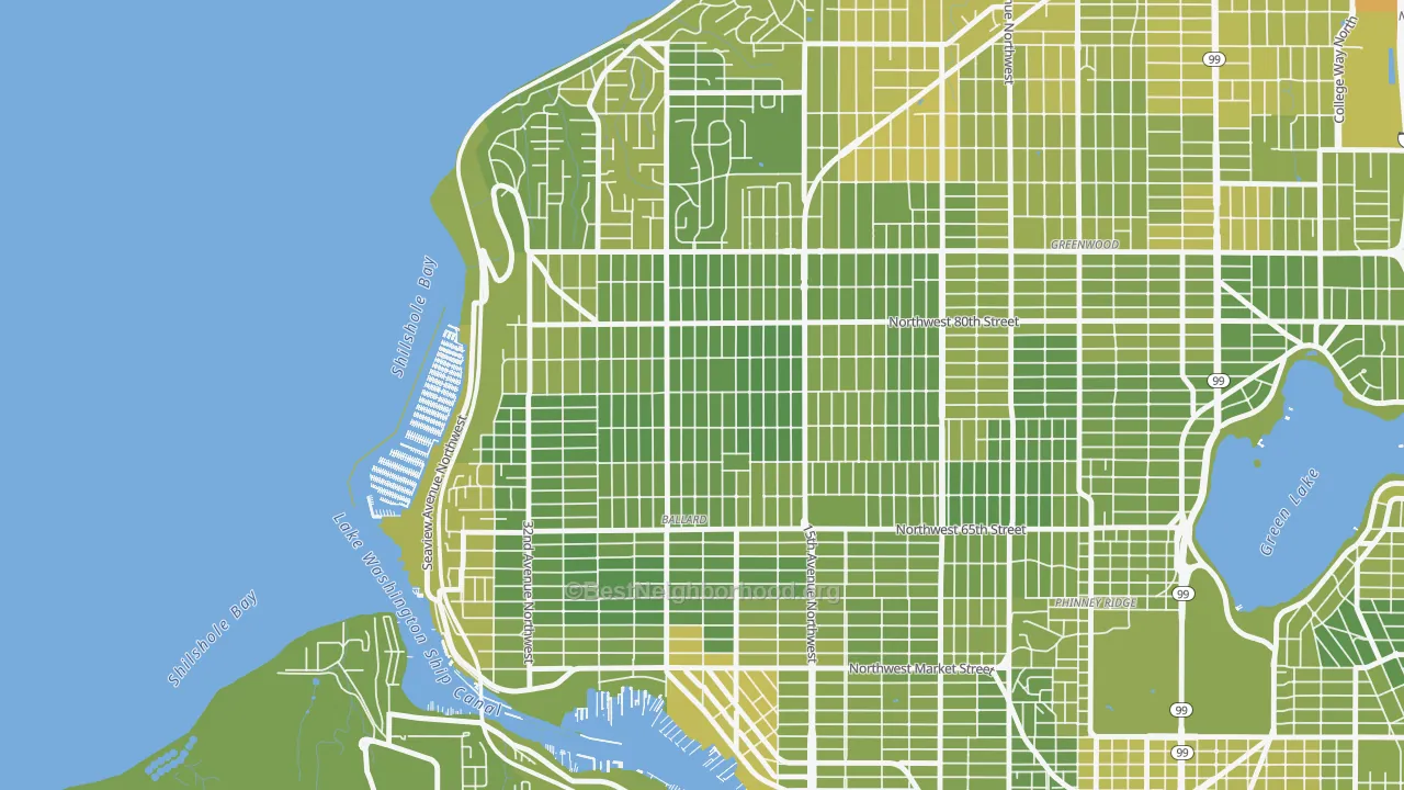 Map of the best neighborhoods in the Loyal Heights, Seattle area, with better matches in green and worse matches in red