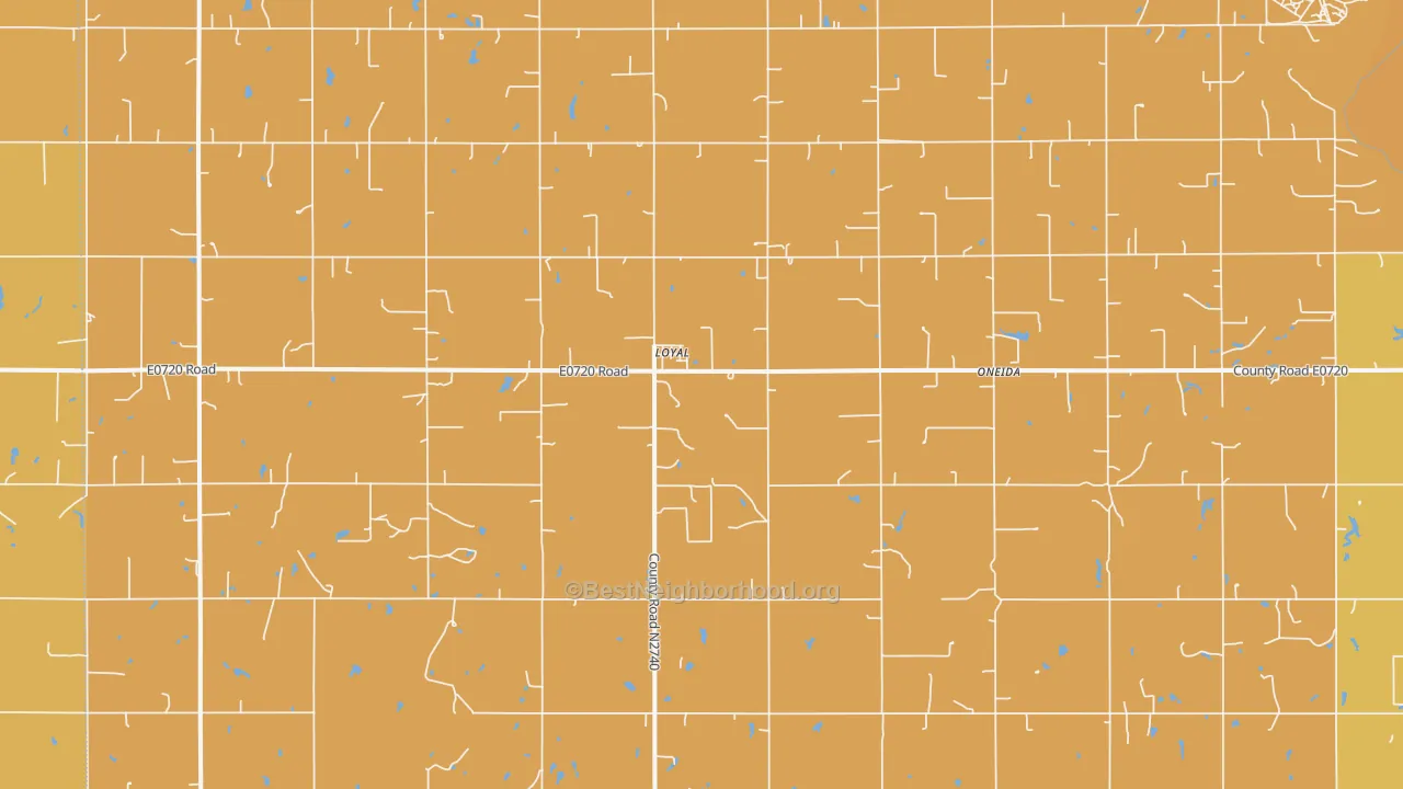 Map of the best neighborhoods in the Loyal area, with better matches in green and worse matches in red