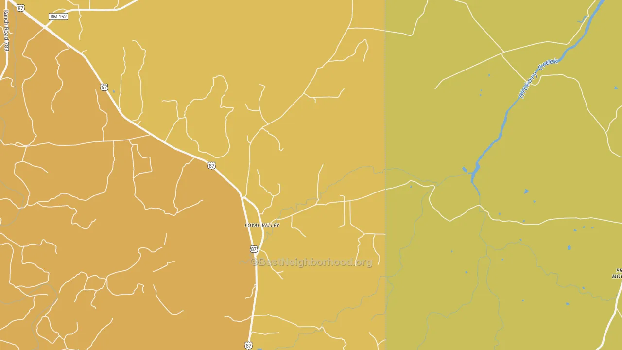 Map of the best neighborhoods in the Loyal Valley area, with better matches in green and worse matches in red