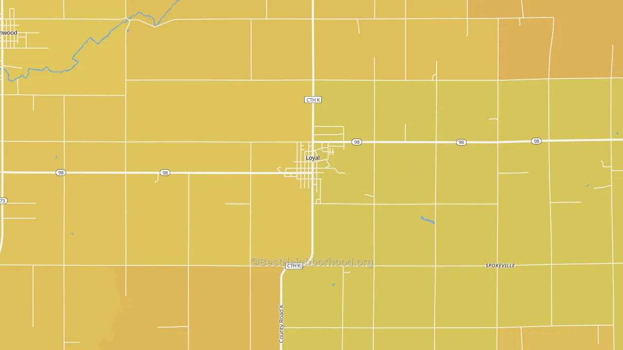 Map of the best neighborhoods in the Loyal area, with better matches in green and worse matches in red