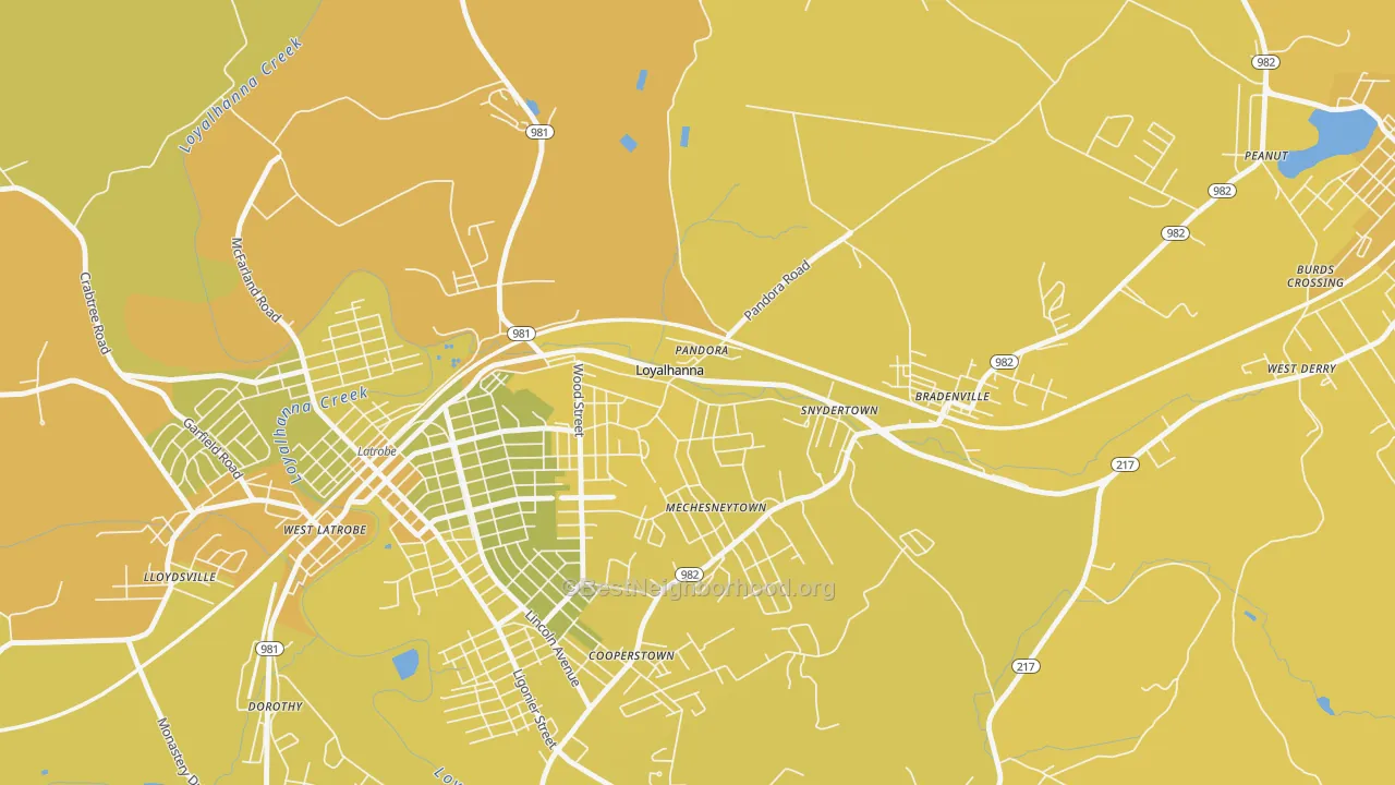 Map of the best neighborhoods in the Loyalhanna area, with better matches in green and worse matches in red