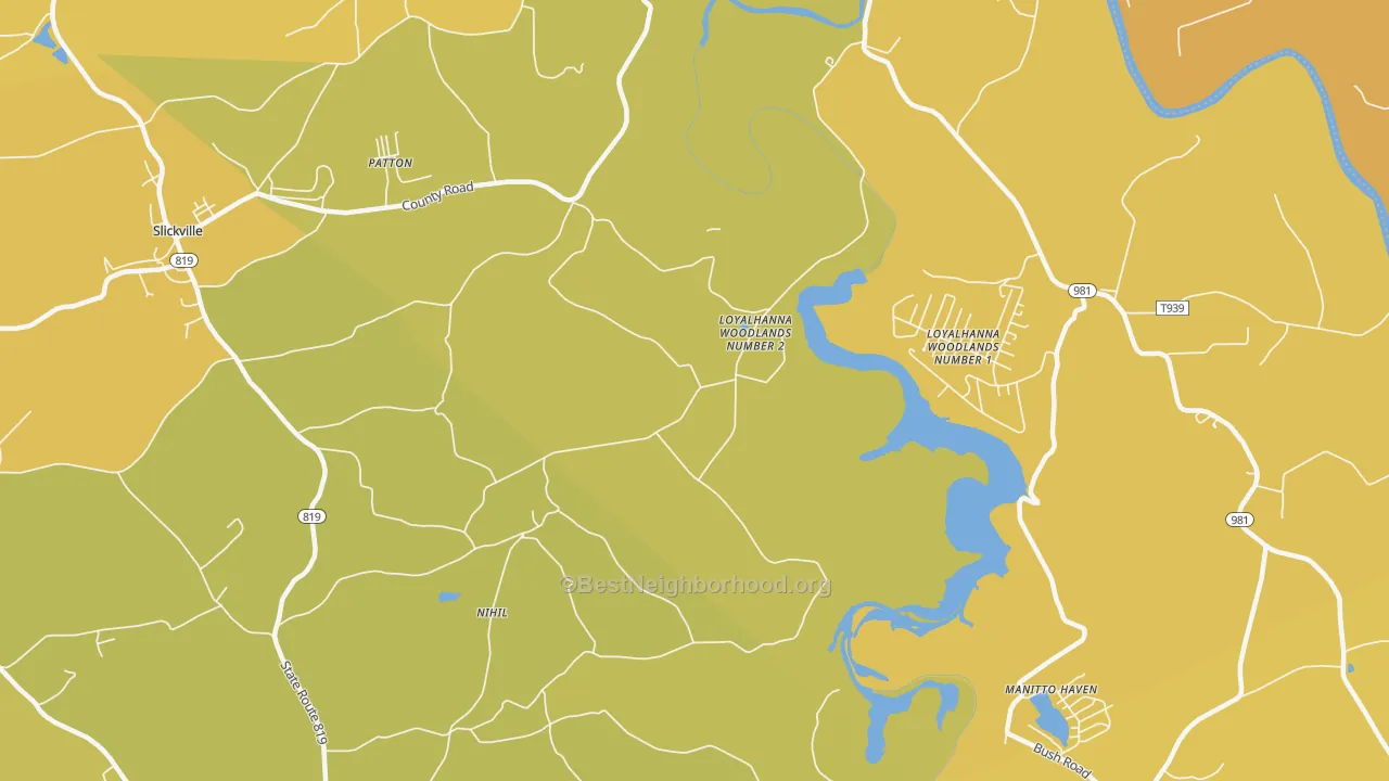 Map of the best neighborhoods in the Loyalhanna Woodlands Number 2 area, with better matches in green and worse matches in red