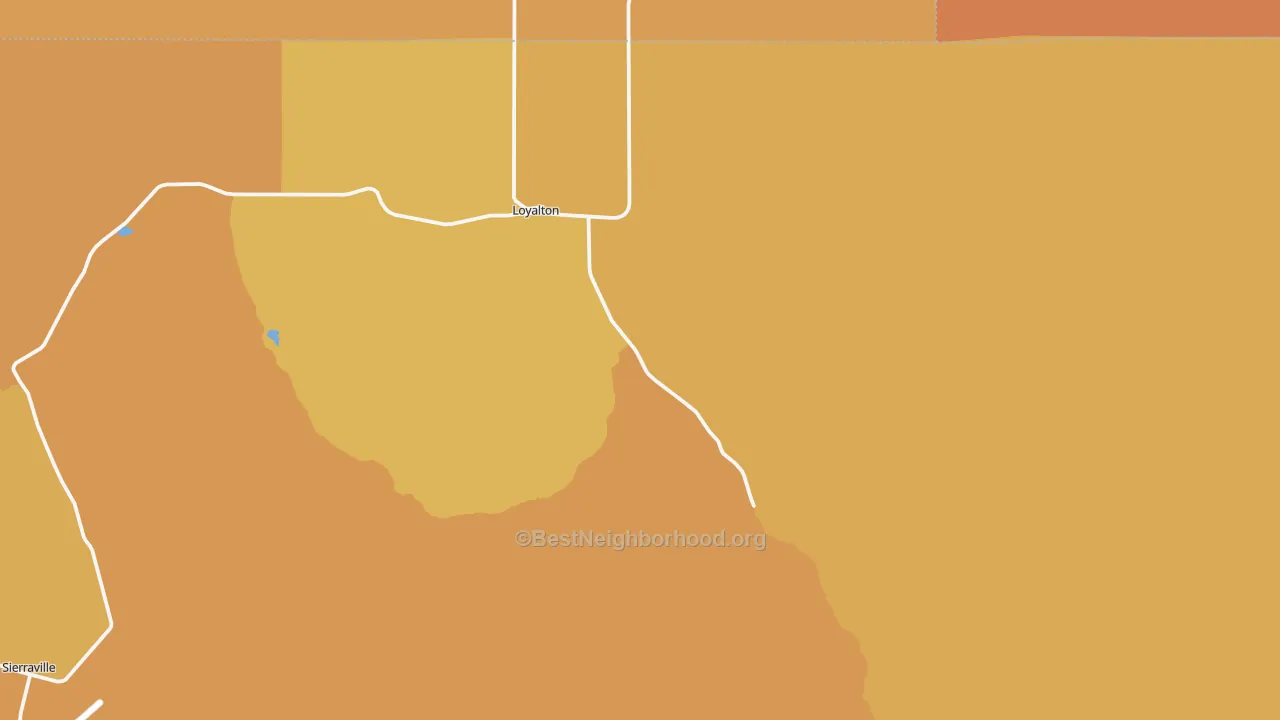 Map of the best neighborhoods in the Loyalton area, with better matches in green and worse matches in red