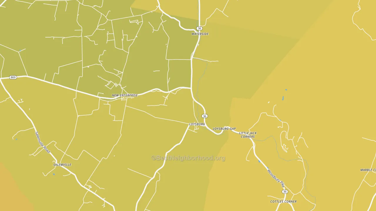 Map of the best neighborhoods in the Loysburg area, with better matches in green and worse matches in red
