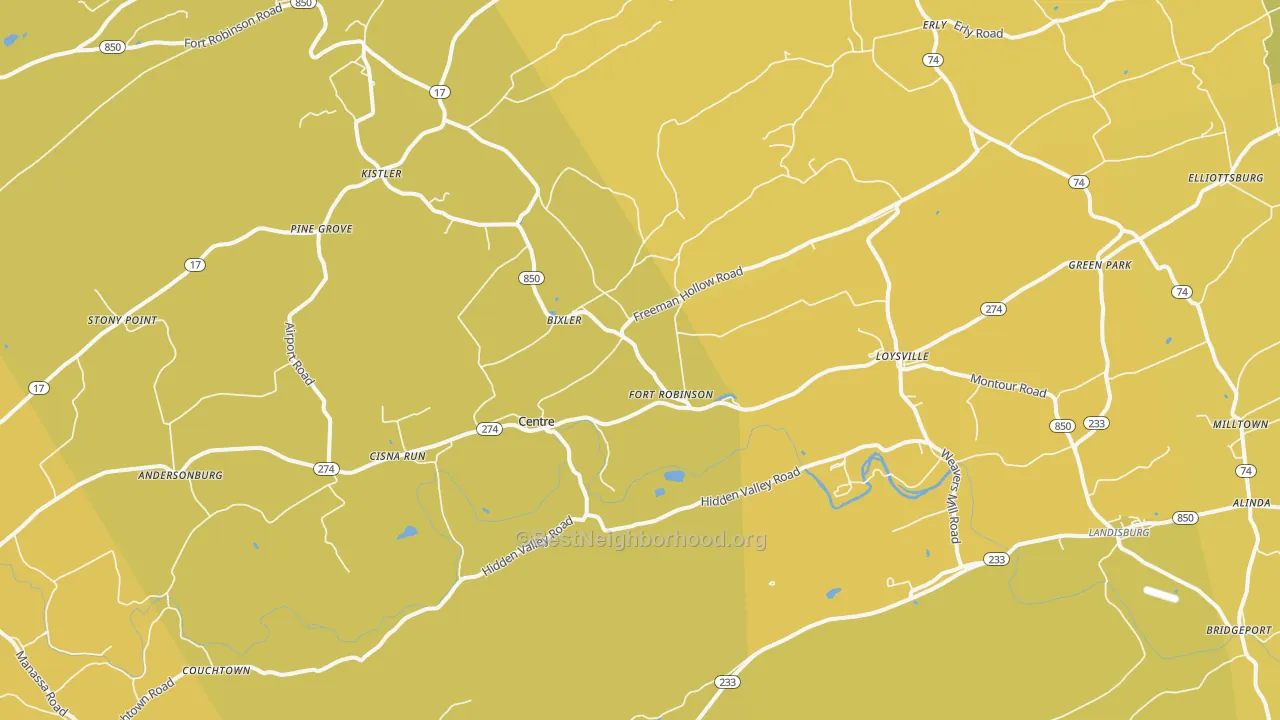 Map of the best neighborhoods in the Loysville area, with better matches in green and worse matches in red