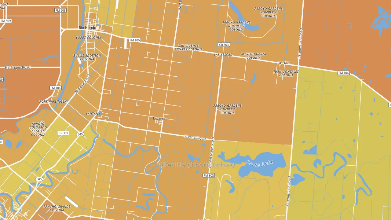 Map of the best neighborhoods in the Lozano area, with better matches in green and worse matches in red