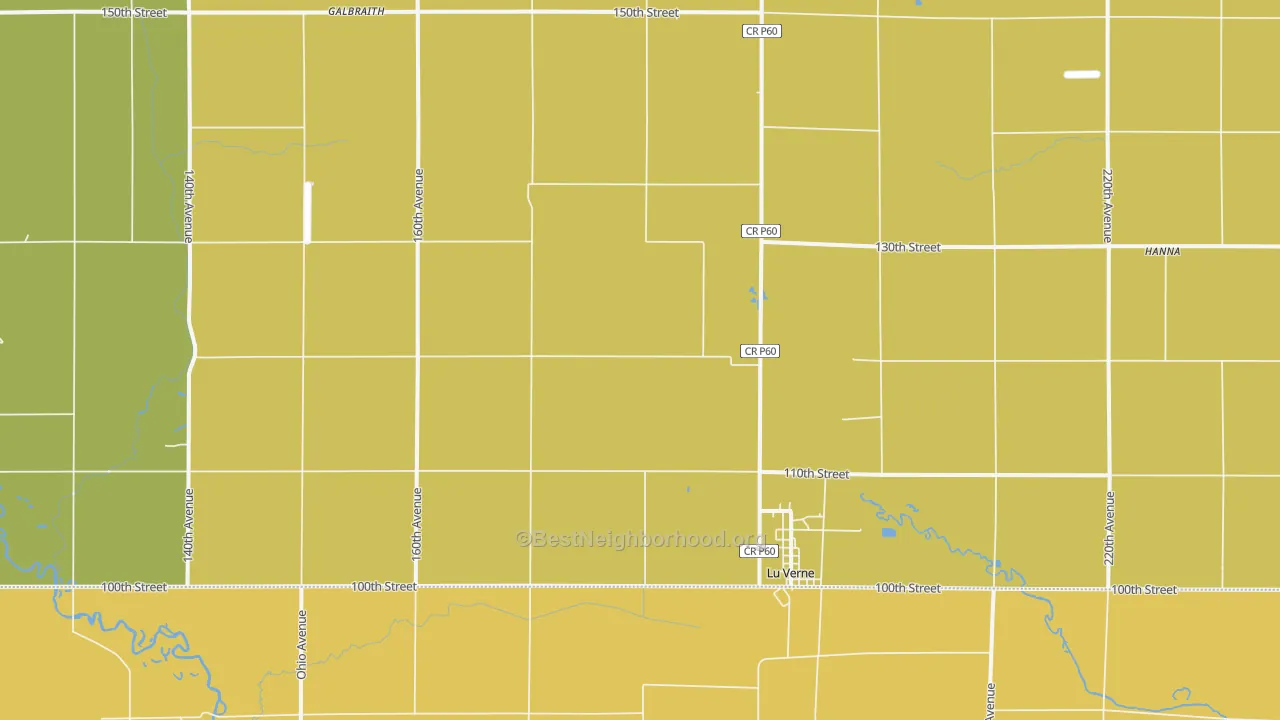 Map of the best neighborhoods in the Lu Verne area, with better matches in green and worse matches in red