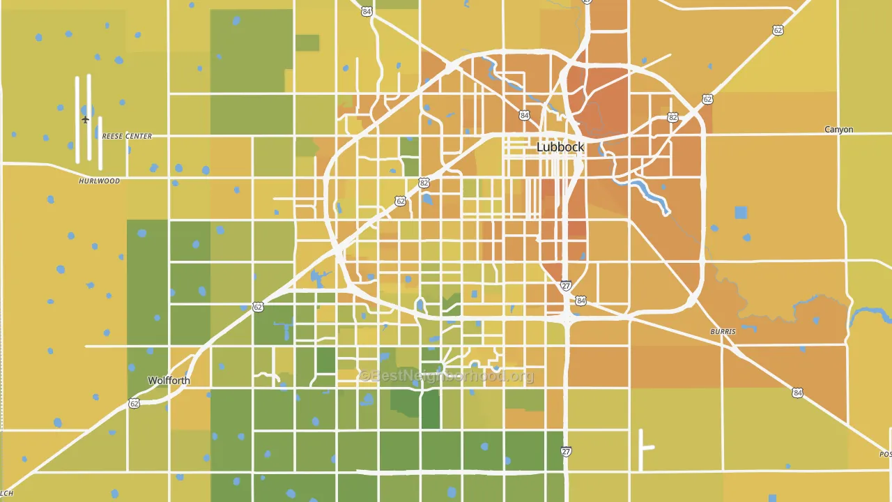 Map of the best neighborhoods in the Lubbock County area, with better matches in green and worse matches in red