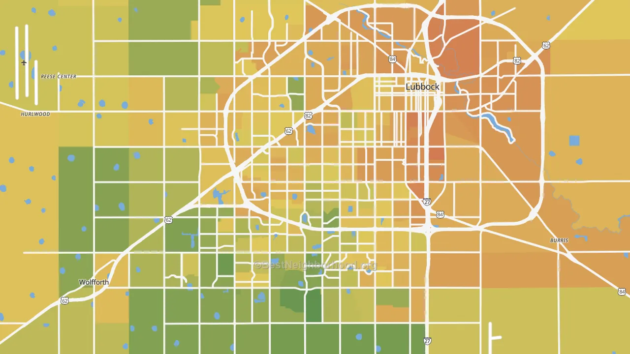 Map of the best neighborhoods in the Lubbock Metro area, with better matches in green and worse matches in red