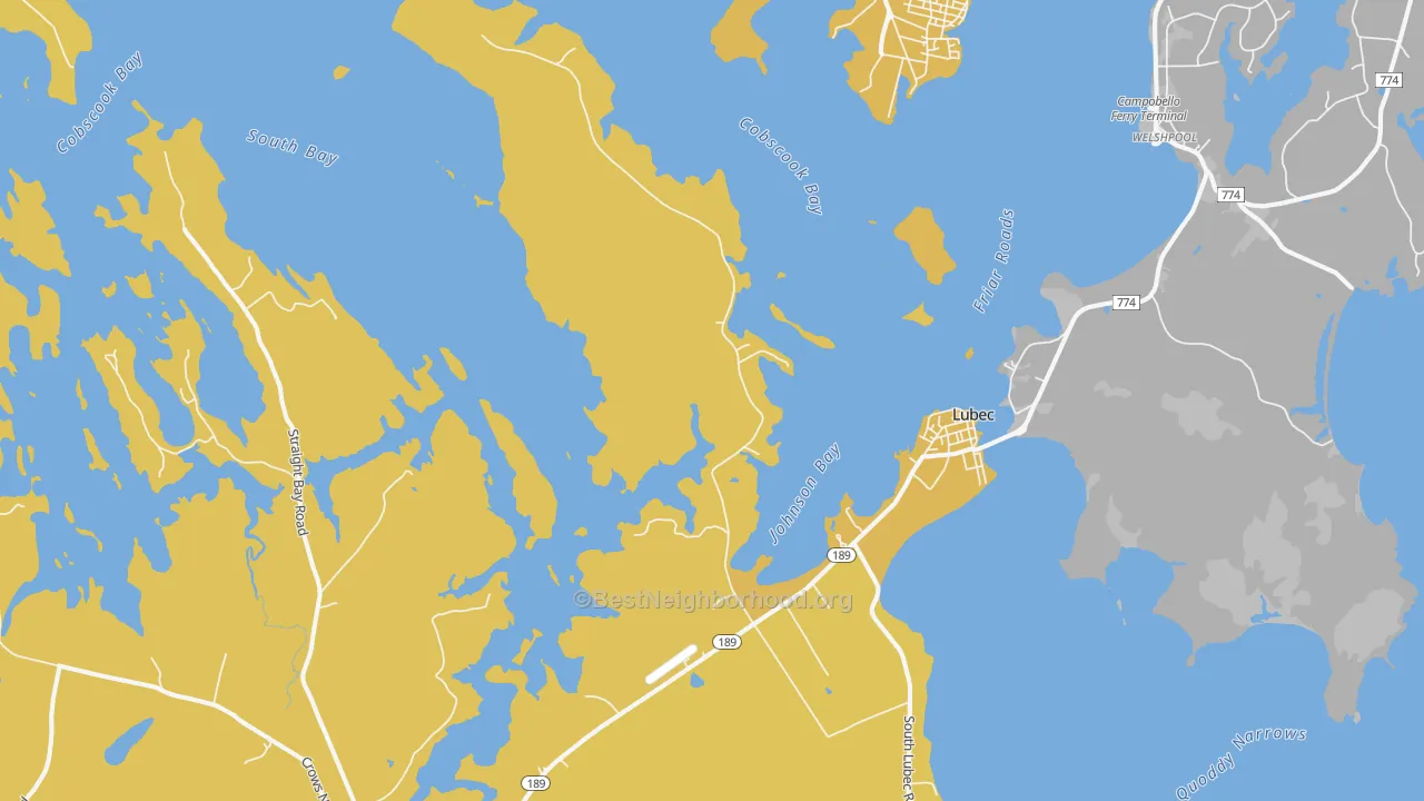 Map of the best neighborhoods in the Lubec area, with better matches in green and worse matches in red
