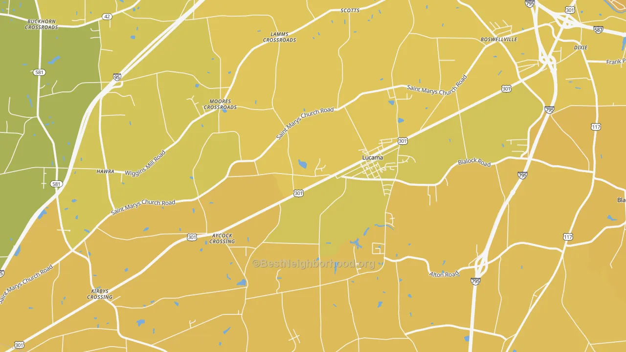 Map of the best neighborhoods in the Lucama area, with better matches in green and worse matches in red