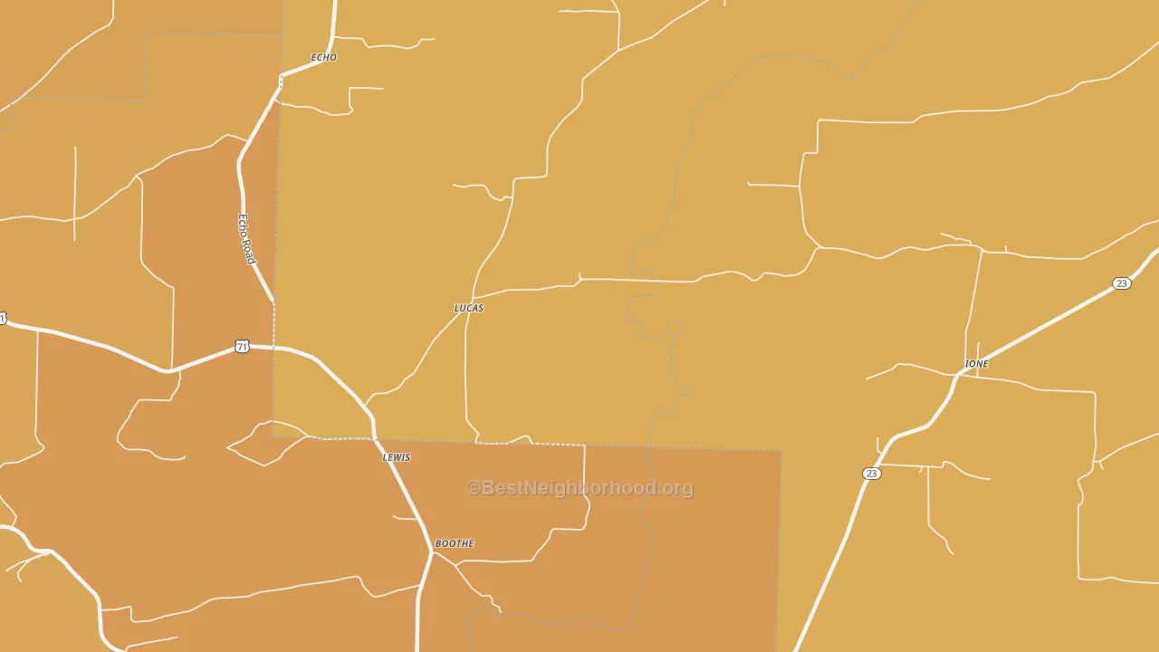 Map of the best neighborhoods in the Lucas area, with better matches in green and worse matches in red
