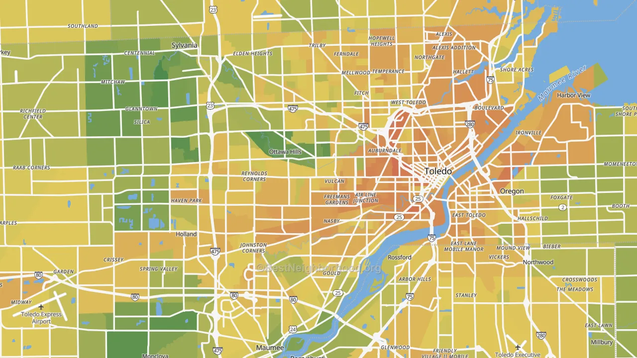 Map of the best neighborhoods in the Lucas County area, with better matches in green and worse matches in red