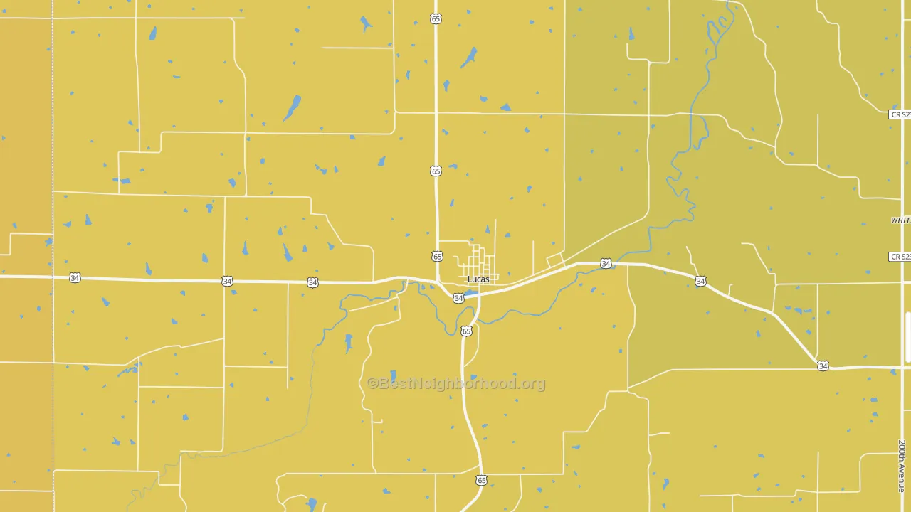 Map of the best neighborhoods in the Lucas area, with better matches in green and worse matches in red