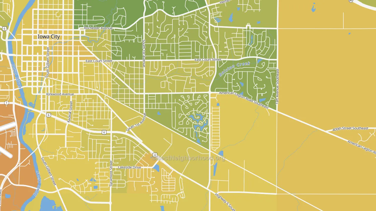 Map of the best neighborhoods in the Lucas, Iowa City area, with better matches in green and worse matches in red