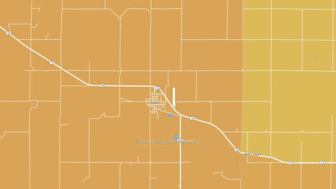Map of the best neighborhoods in the Lucas area, with better matches in green and worse matches in red