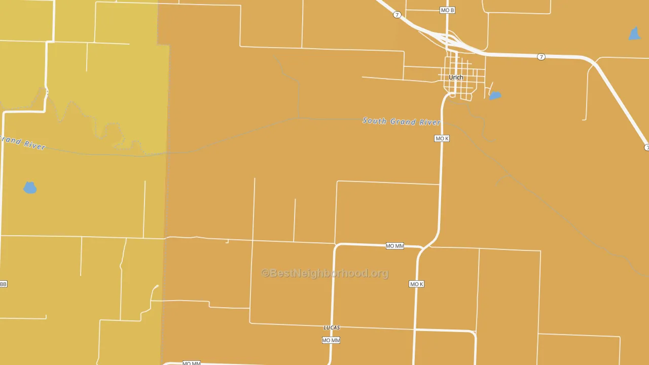 Map of the best neighborhoods in the Lucas area, with better matches in green and worse matches in red