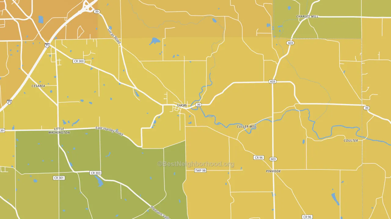 Map of the best neighborhoods in the Lucas area, with better matches in green and worse matches in red