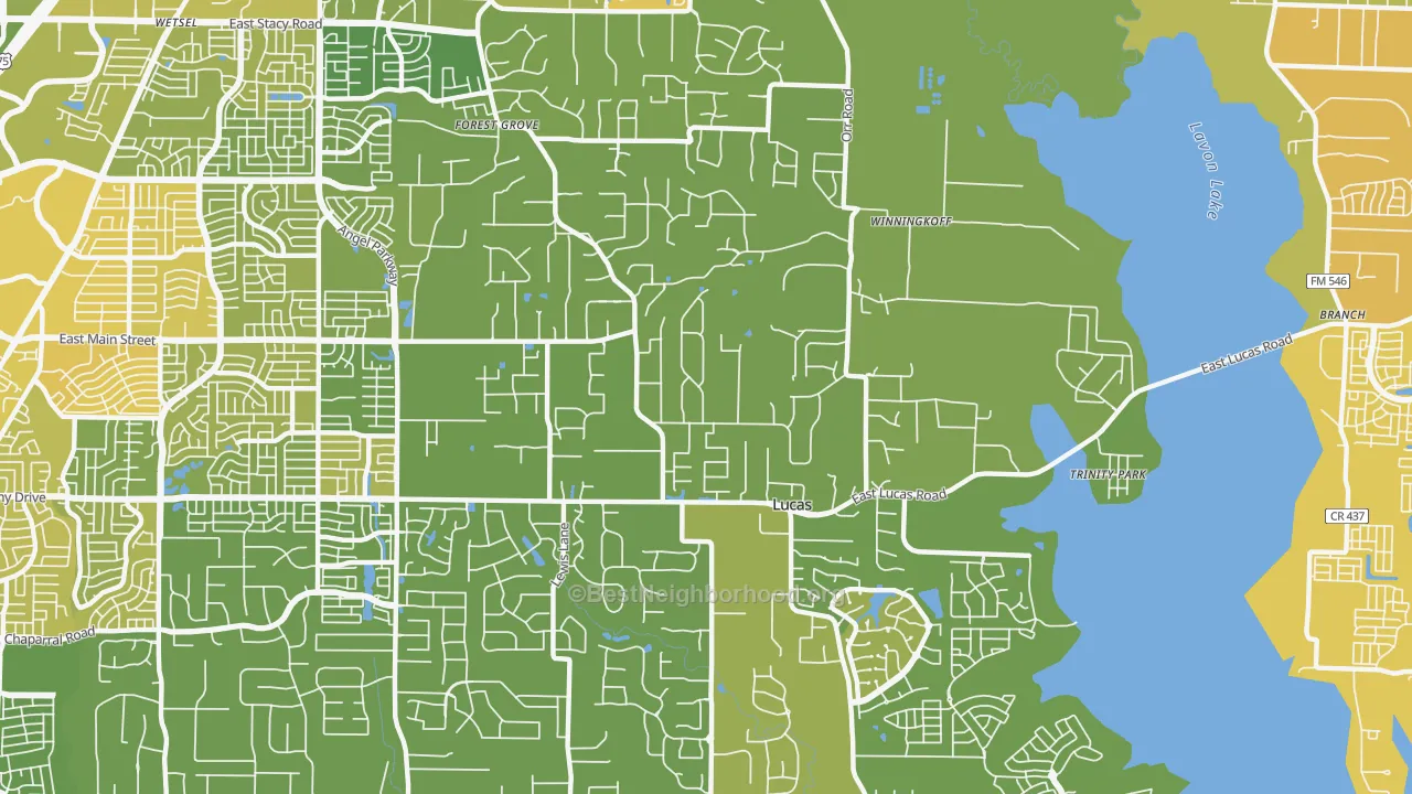 Map of the best neighborhoods in the Lucas area, with better matches in green and worse matches in red