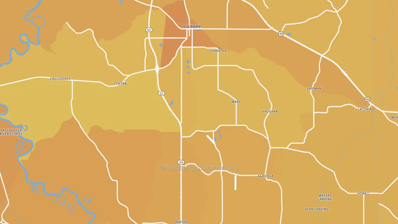 Map of the best neighborhoods in the Lucedale area, with better matches in green and worse matches in red