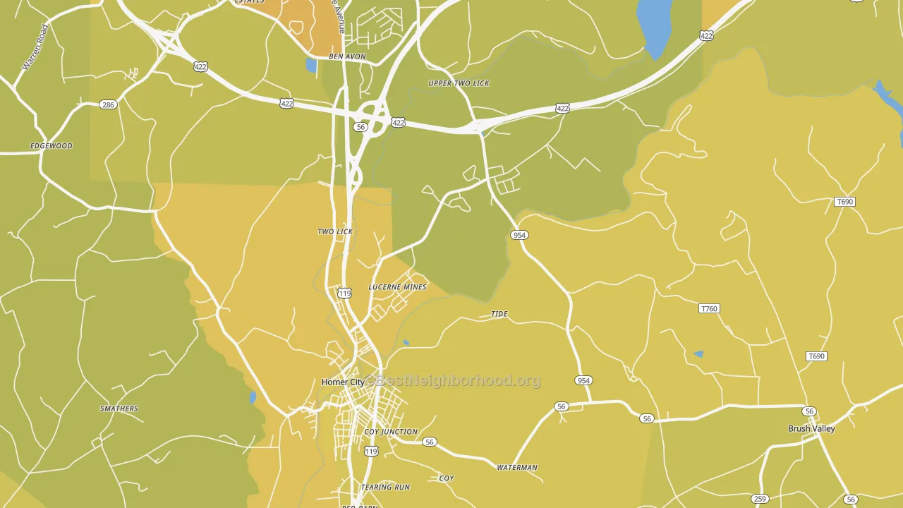 Map of the best neighborhoods in the Lucerne Mines area, with better matches in green and worse matches in red