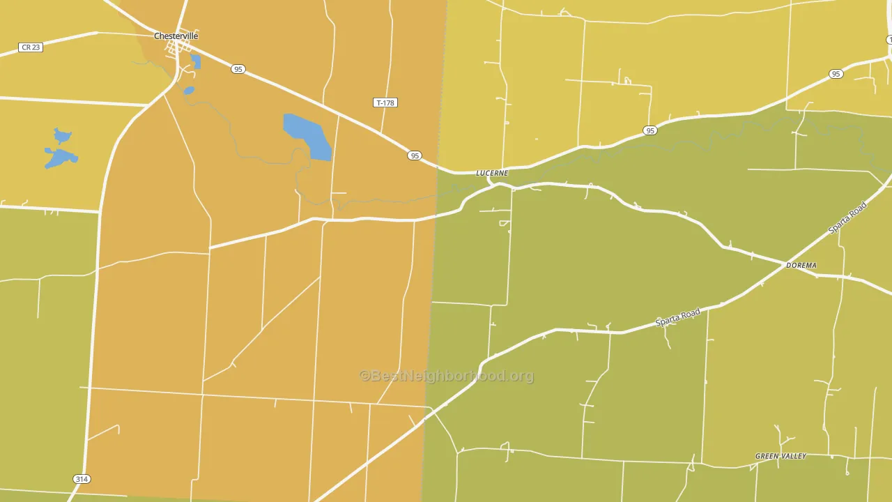 Map of the best neighborhoods in the Lucerne area, with better matches in green and worse matches in red